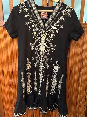 Johnny Was Black Taria Shift Dress with Cream Embroidery